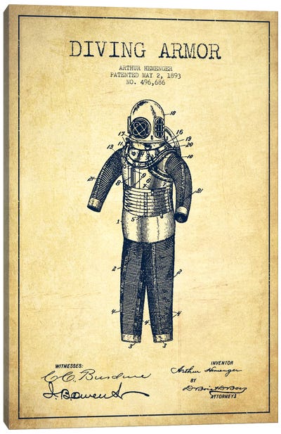 Diving Suit Vintage Patent Blueprint Canvas Art Print - Aged Pixel: Nautical