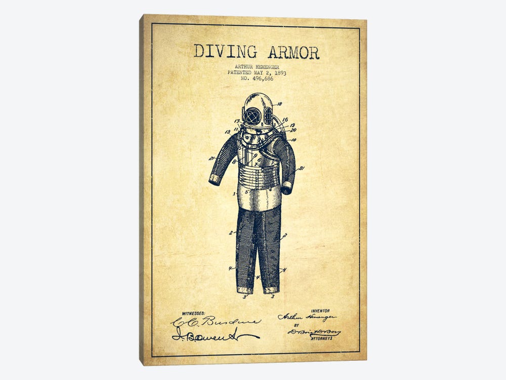 Diving Suit Vintage Patent Blueprint by Aged Pixel 1-piece Canvas Wall Art