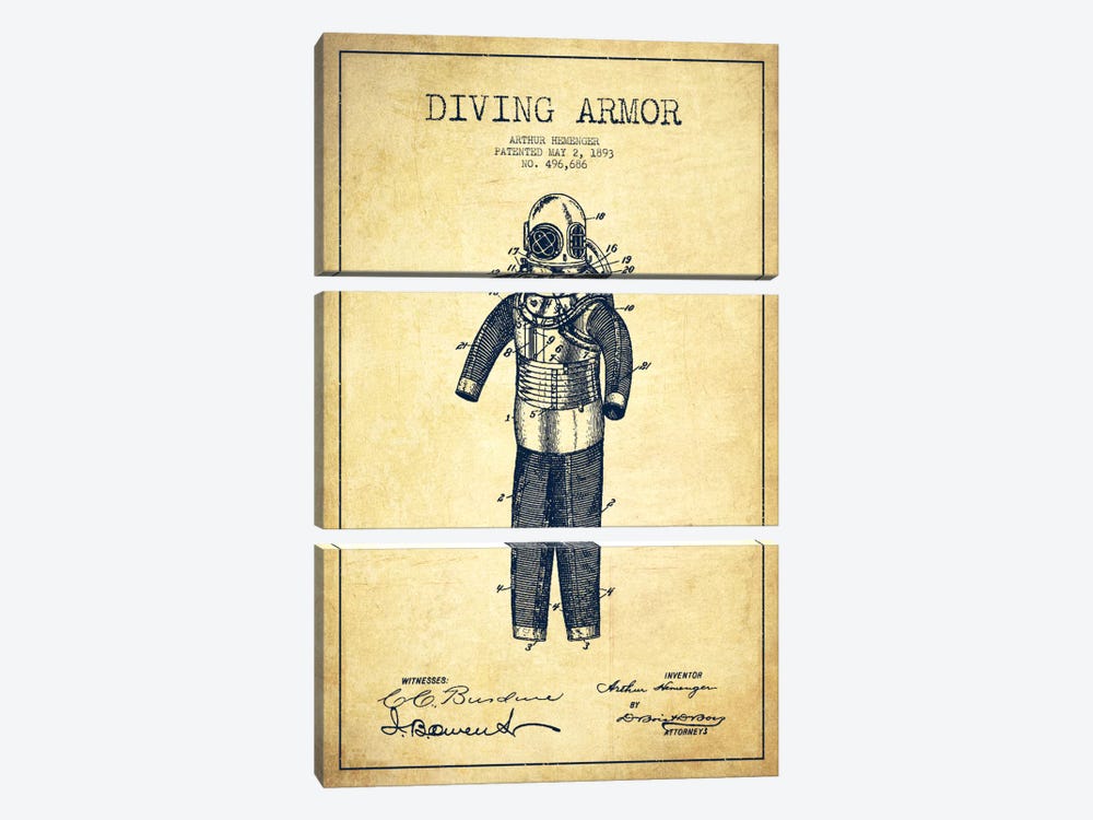 Diving Suit Vintage Patent Blueprint by Aged Pixel 3-piece Canvas Wall Art