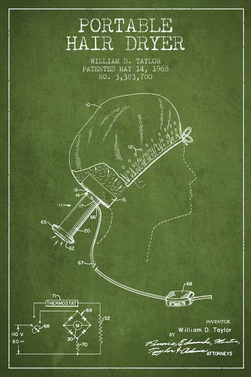 Portable Hair Dryer Green Patent Blueprint by Aged Pixel wall art