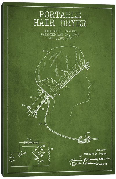 Portable Hair Dryer Green Patent Blueprint Canvas Art Print - Beauty & Personal Care Blueprints