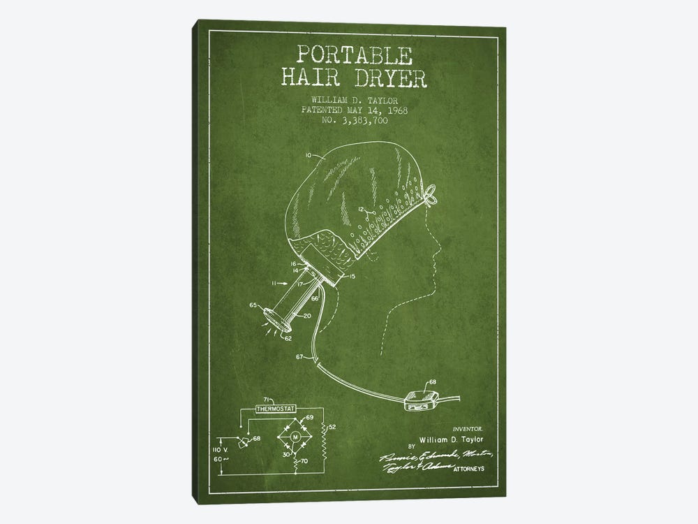 Portable Hair Dryer Green Patent Blueprint by Aged Pixel 1-piece Canvas Print