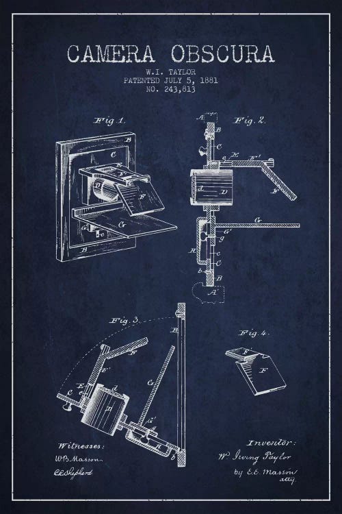 Camera Navy Blue Patent Blueprint by Aged Pixel wall art