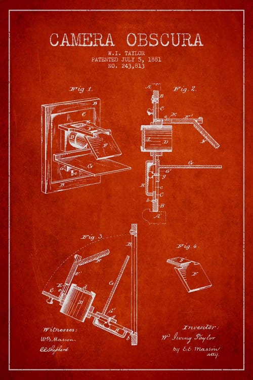 Camera Red Patent Blueprint by Aged Pixel wall art