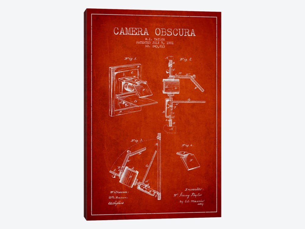 Camera Red Patent Blueprint by Aged Pixel 1-piece Canvas Art Print