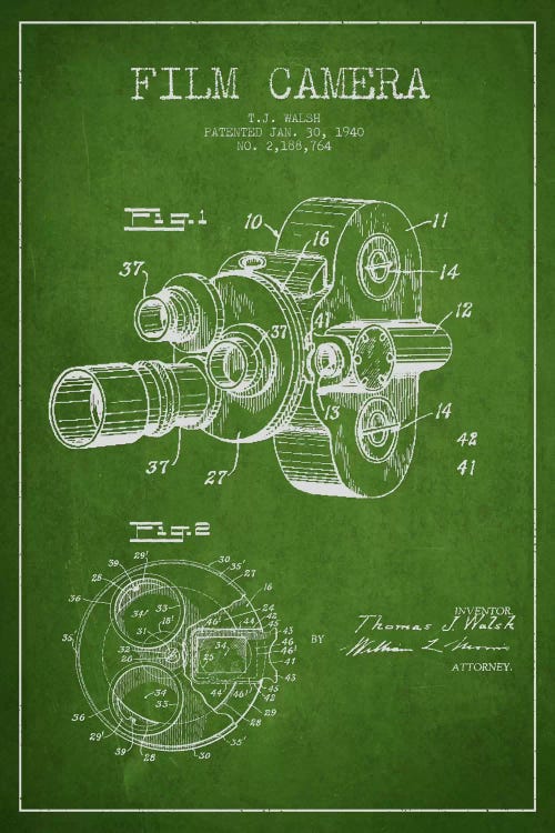 Camera Green Patent Blueprint by Aged Pixel wall art