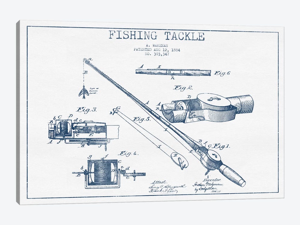 A. Wakeman Fishing Tackle Patent Sketch (Ink) by Aged Pixel 1-piece Canvas Art Print