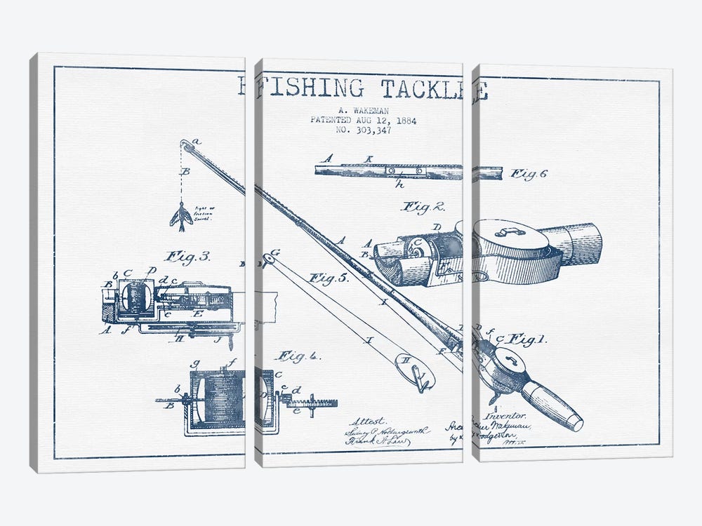 A. Wakeman Fishing Tackle Patent Sketch (Ink) by Aged Pixel 3-piece Canvas Art Print