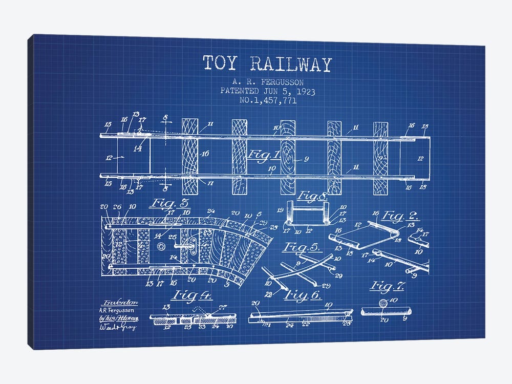 A.R. Fergusson Toy Railway Patent Sketch (Blue Grid) by Aged Pixel 1-piece Canvas Artwork