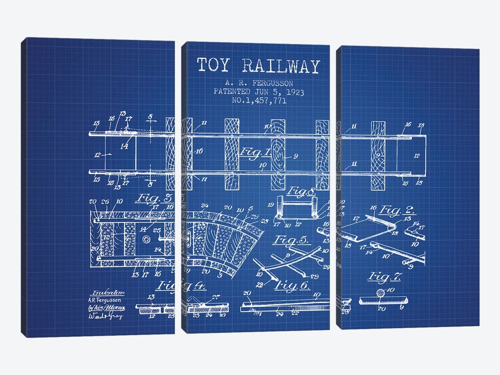 A.R. Fergusson Toy Railway Patent Sketch (Blue Grid) by Aged Pixel 3-piece Canvas Artwork
