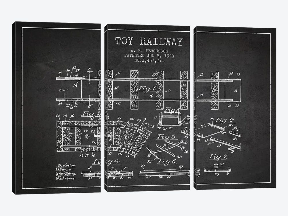 A.R. Fergusson Toy Railway Patent Sketch (Charcoal) by Aged Pixel 3-piece Canvas Print