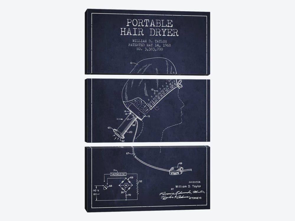 Portable Hair Dryer Navy Blue Patent Blueprint by Aged Pixel 3-piece Canvas Wall Art