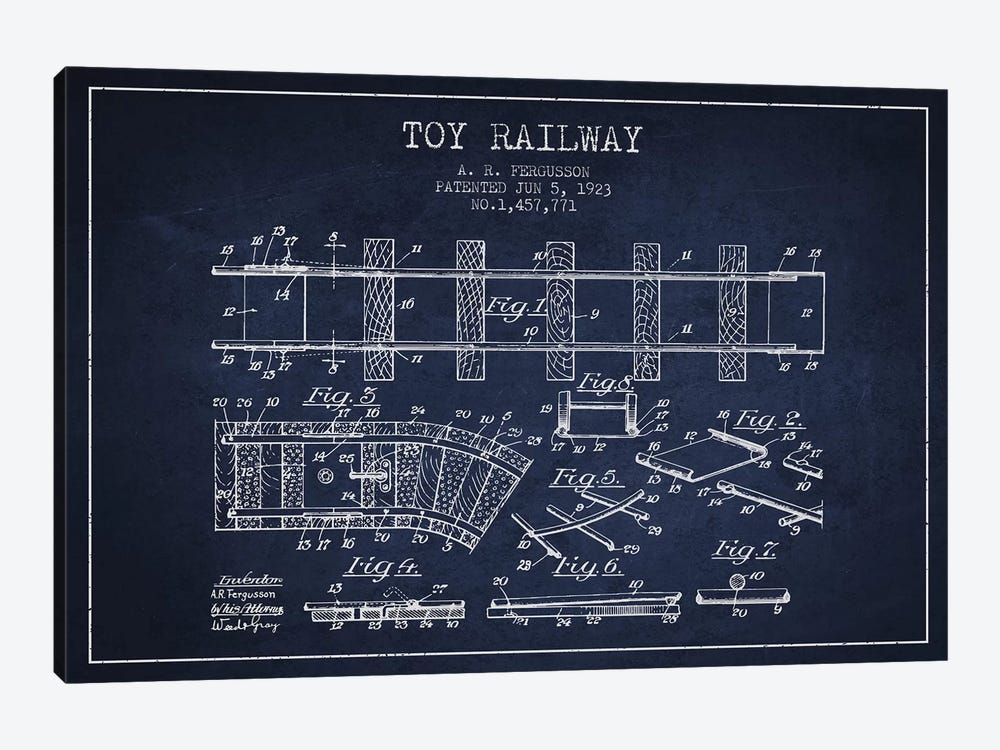 A.R. Fergusson Toy Railway Patent Sketch (Navy Blue) by Aged Pixel 1-piece Art Print