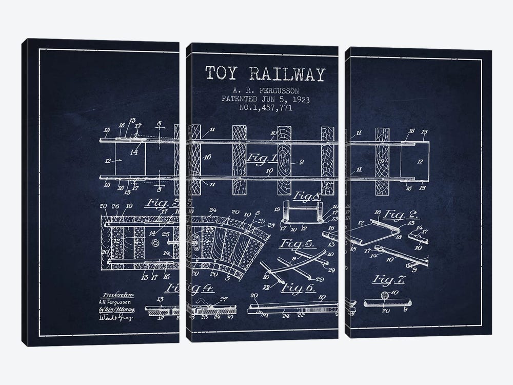 A.R. Fergusson Toy Railway Patent Sketch (Navy Blue) by Aged Pixel 3-piece Canvas Art Print