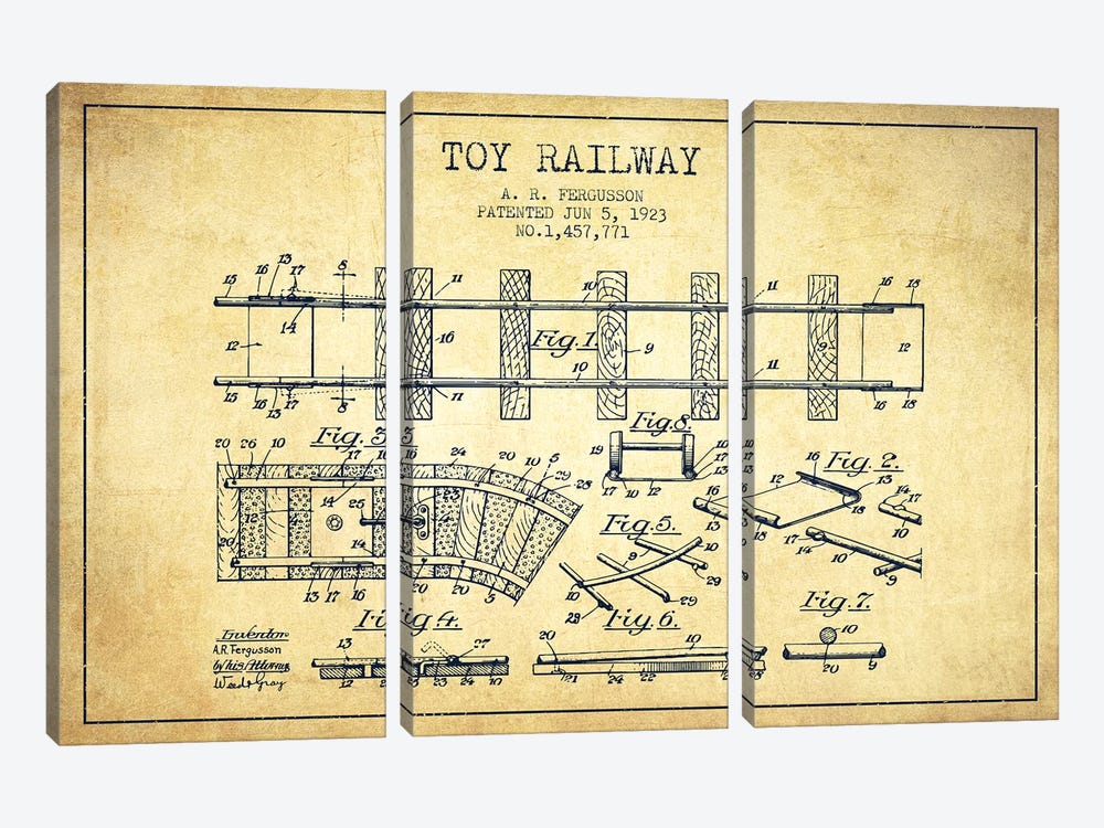 A.R. Fergusson Toy Railway Patent Sketch (Vintage) by Aged Pixel 3-piece Canvas Art