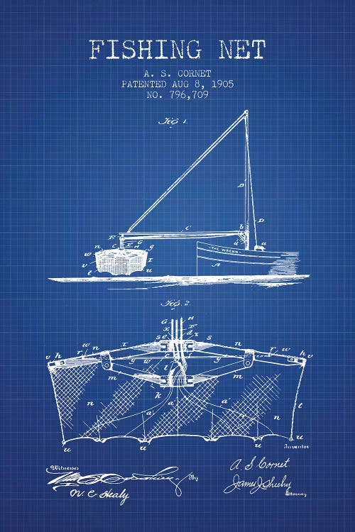 A.S. Cornet Fishing Net Patent Sketch (Blue Grid)