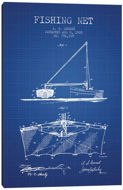 A.S. Cornet Fishing Net Patent Sketch (Blue Grid) Canvas Art Print