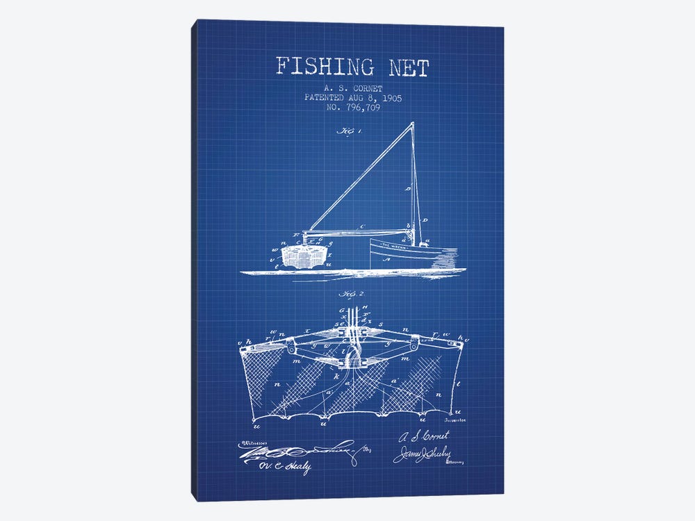 A.S. Cornet Fishing Net Patent Sketch (Blue Grid) by Aged Pixel 1-piece Canvas Art Print