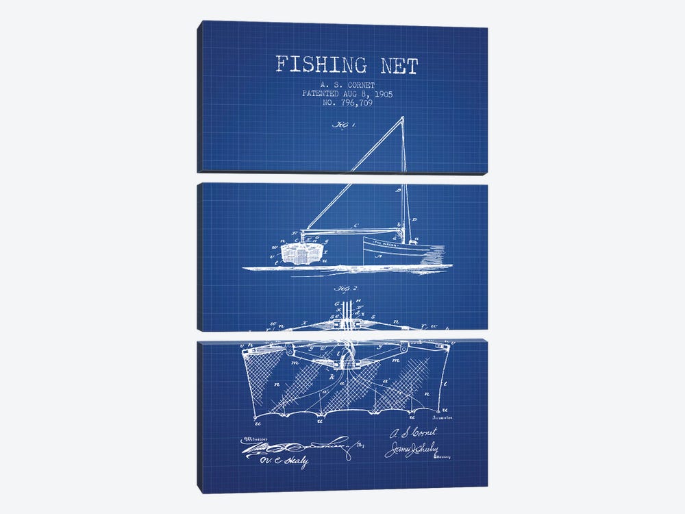 A.S. Cornet Fishing Net Patent Sketch (Blue Grid) by Aged Pixel 3-piece Canvas Art Print