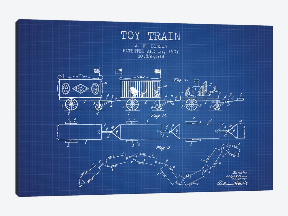 A.W. Benson Toy Train Patent Sketch (Blueprint) by Aged Pixel 1-piece Canvas Artwork