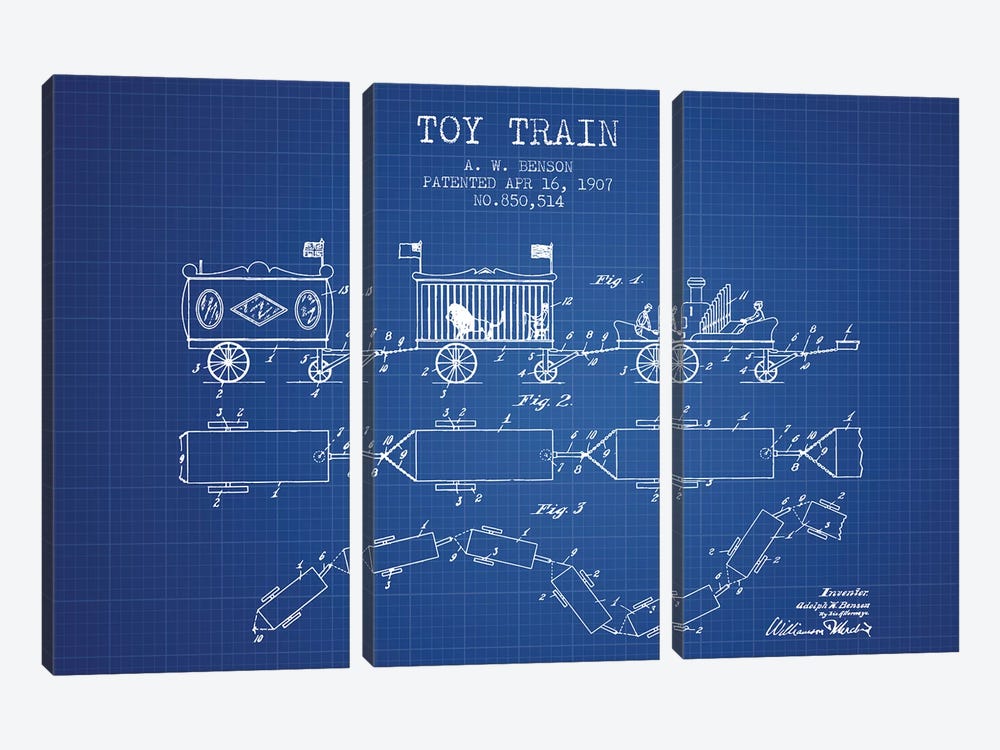 A.W. Benson Toy Train Patent Sketch (Blueprint) by Aged Pixel 3-piece Canvas Artwork