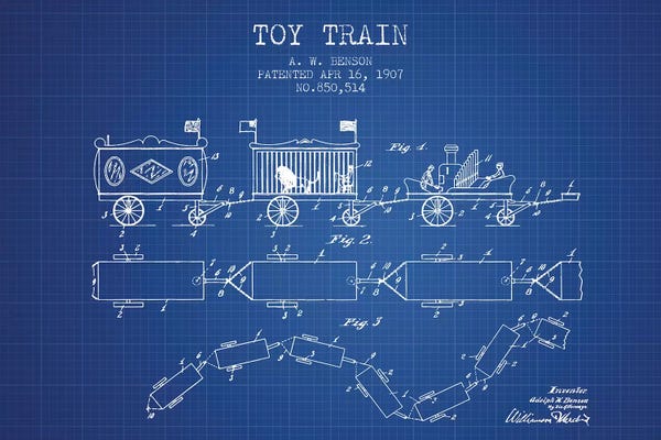 Toy & Game Blueprints: A.W. Benson Toy Train Patent Sketch (Blueprint) by Aged Pixel