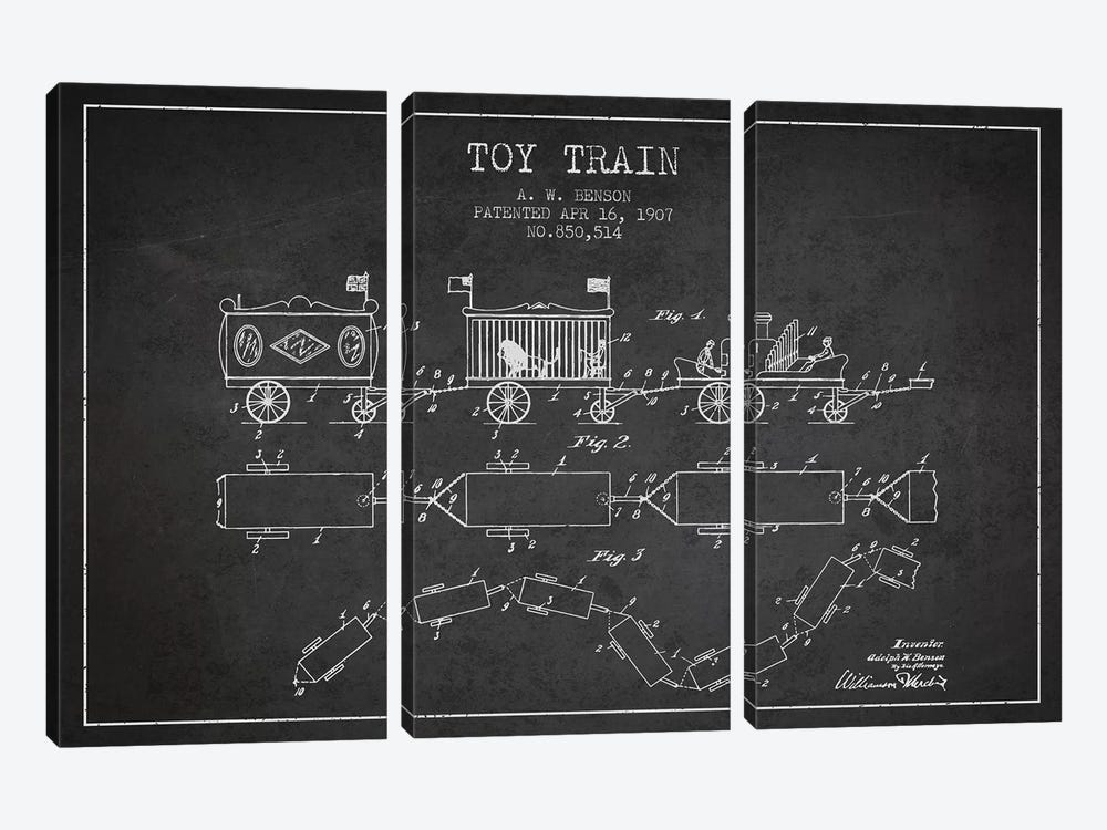A.W. Benson Toy Train Patent Sketch (Charcoal) by Aged Pixel 3-piece Art Print