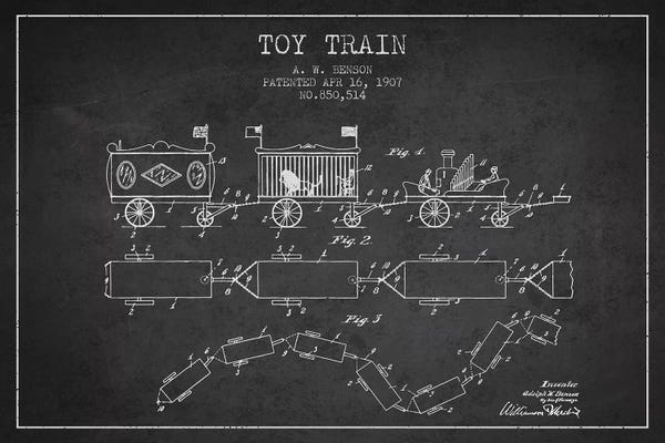 Toy & Game Blueprints: A.W. Benson Toy Train Patent Sketch (Charcoal) by Aged Pixel