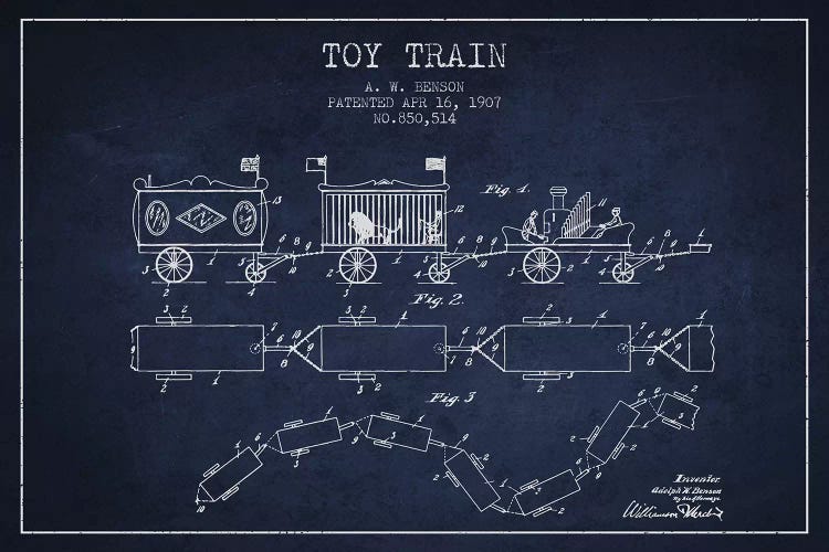A.W. Benson Toy Train Patent Sketch (Navy Blue) by Aged Pixel wall art