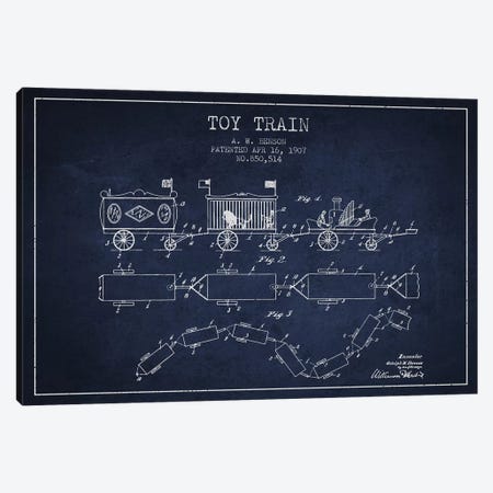 A.W. Benson Toy Train Patent Sketch (Navy Blue) Canvas Print #ADP2765} by Aged Pixel Canvas Wall Art