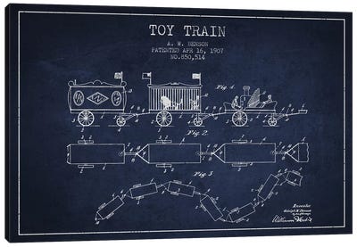 A.W. Benson Toy Train Patent Sketch (Navy Blue) Canvas Art Print - Toy & Game Blueprints
