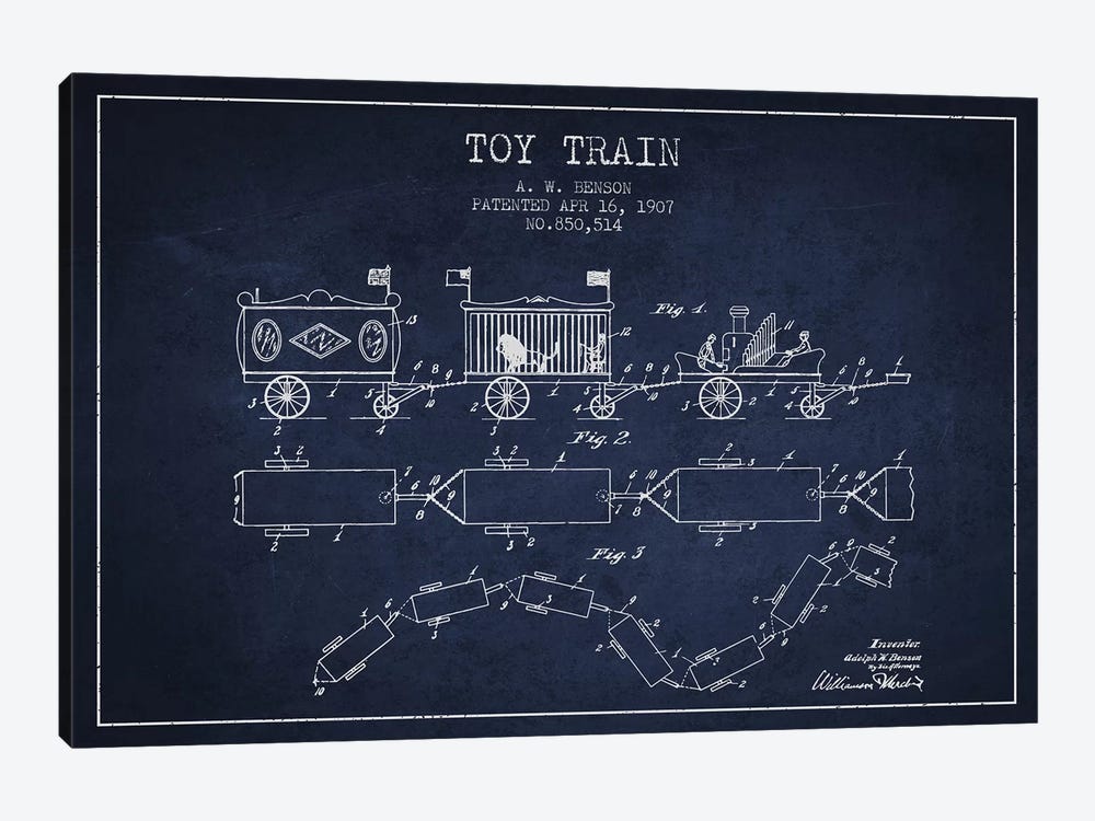 A.W. Benson Toy Train Patent Sketch (Navy Blue) by Aged Pixel 1-piece Canvas Artwork