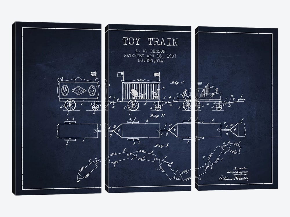 A.W. Benson Toy Train Patent Sketch (Navy Blue) by Aged Pixel 3-piece Canvas Art