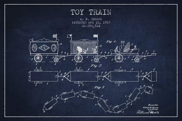 Toy & Game Blueprints: A.W. Benson Toy Train Patent Sketch (Navy Blue) by Aged Pixel
