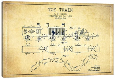 A.W. Benson Toy Train Patent Sketch (Vintage) Canvas Art Print - Toy & Game Blueprints