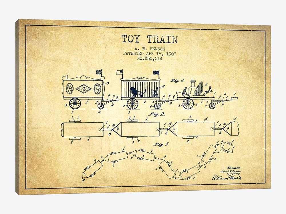 A.W. Benson Toy Train Patent Sketch (Vintage) by Aged Pixel 1-piece Canvas Art Print