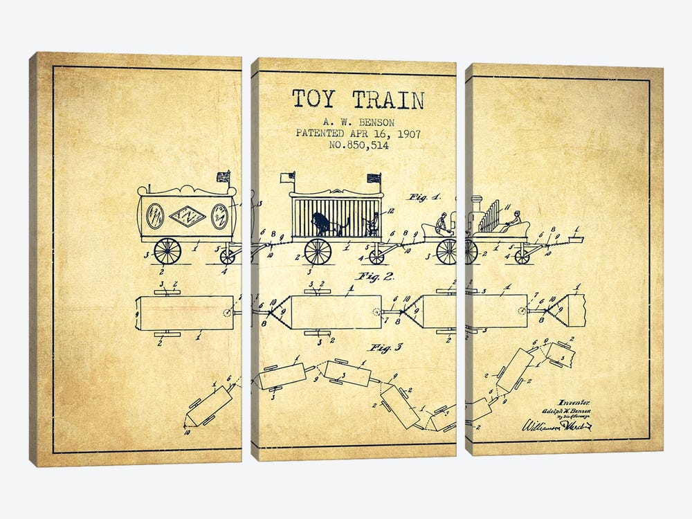 A.W. Benson Toy Train Patent Sketch (Vintage) by Aged Pixel 3-piece Canvas Print