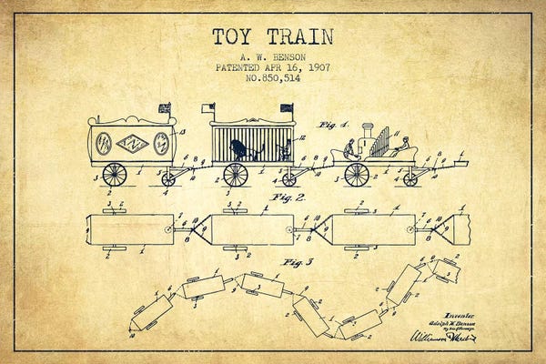 Toys & Collectibles: A.W. Benson Toy Train Patent Sketch (Vintage) by Aged Pixel
