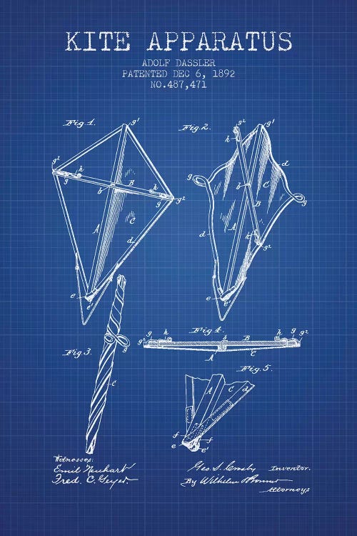 Adolf Dassler Kite Apparatus Patent Sketch (Blue Grid)