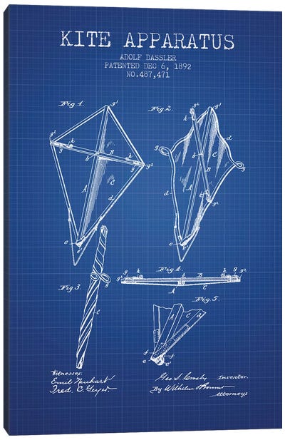 Adolf Dassler Kite Apparatus Patent Sketch (Blue Grid) Canvas Art Print - Toy & Game Blueprints