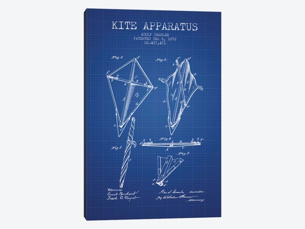 Adolf Dassler Kite Apparatus Patent Sketch (Blue Grid) by Aged Pixel 1-piece Canvas Art