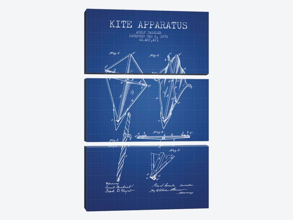 Adolf Dassler Kite Apparatus Patent Sketch (Blue Grid) by Aged Pixel 3-piece Canvas Artwork