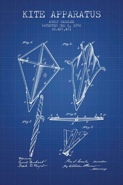 Kites: Adolf Dassler Kite Apparatus Patent Sketch (Blue Grid) by Aged Pixel