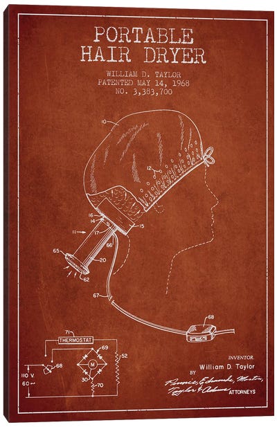 Portable Hair Dryer Red Patent Blueprint Canvas Art Print - Household Goods Blueprints