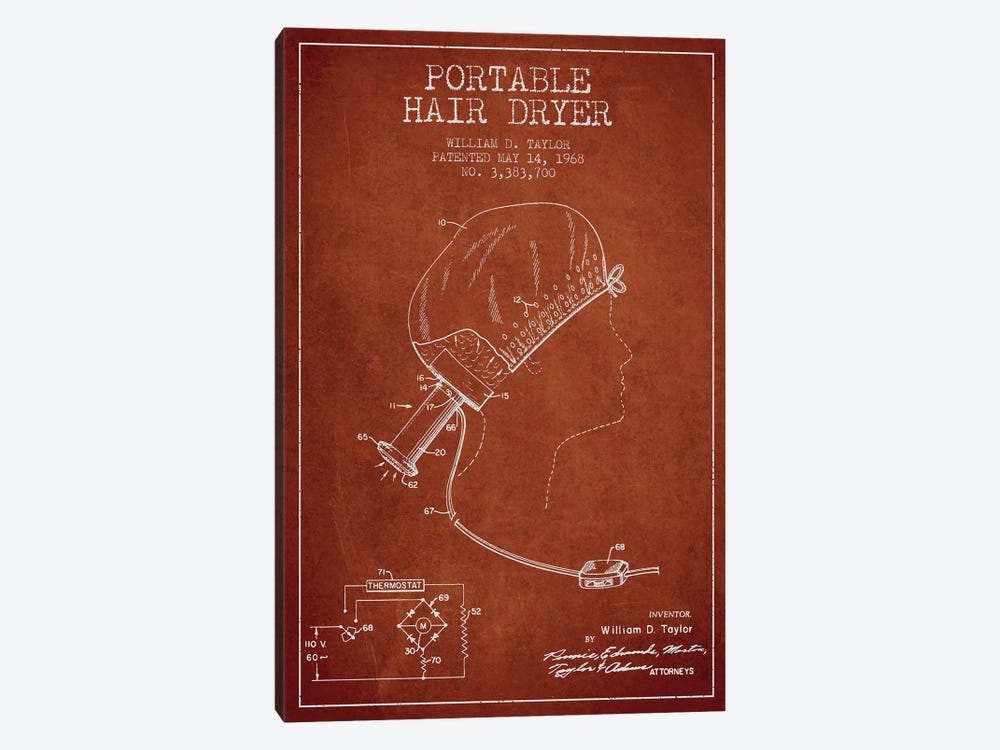 Portable Hair Dryer Red Patent Blueprint by Aged Pixel 1-piece Canvas Art Print