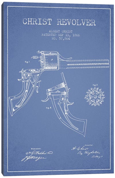 Albert Christ Christ Revolver Patent Sketch (Light Blue) Canvas Art Print - Weapon Blueprints