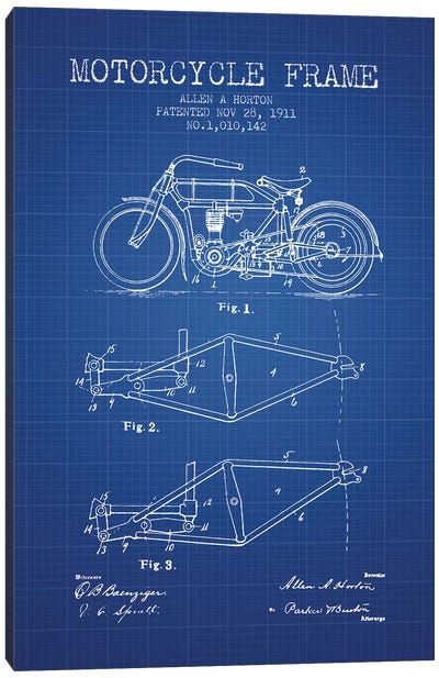 Allen A. Horton Motorcycle Frame Patent Sketch (Blue Grid) Canvas Art Print - Motorcycle Blueprints