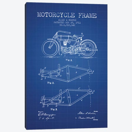 Allen A. Horton Motorcycle Frame Patent Sketch (Blue Grid) Canvas Print #ADP2774} by Aged Pixel Art Print