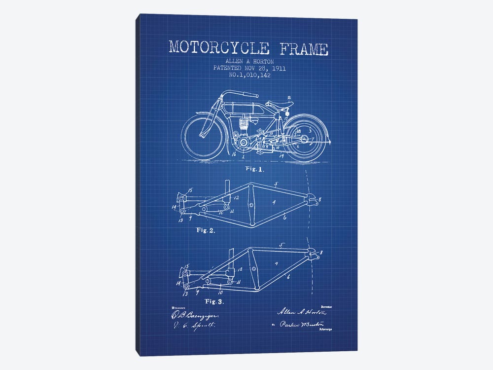 Allen A. Horton Motorcycle Frame Patent Sketch (Blue Grid) by Aged Pixel 1-piece Canvas Artwork