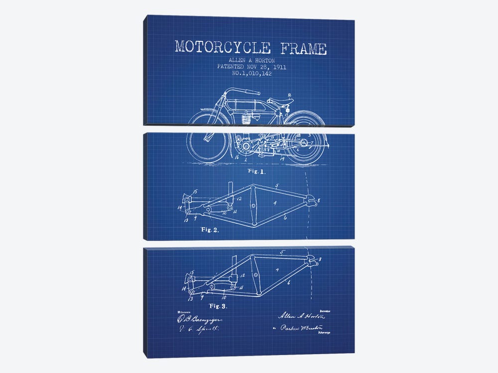 Allen A. Horton Motorcycle Frame Patent Sketch (Blue Grid) by Aged Pixel 3-piece Canvas Artwork
